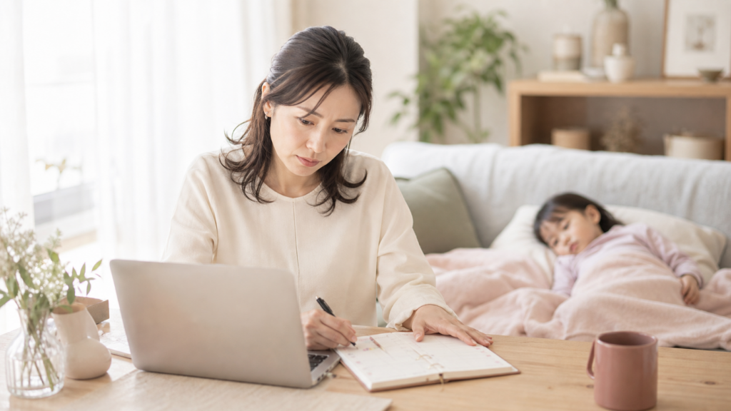 子どもの急な発熱時に、自宅で仕事の予定を整理するフリーランスママ